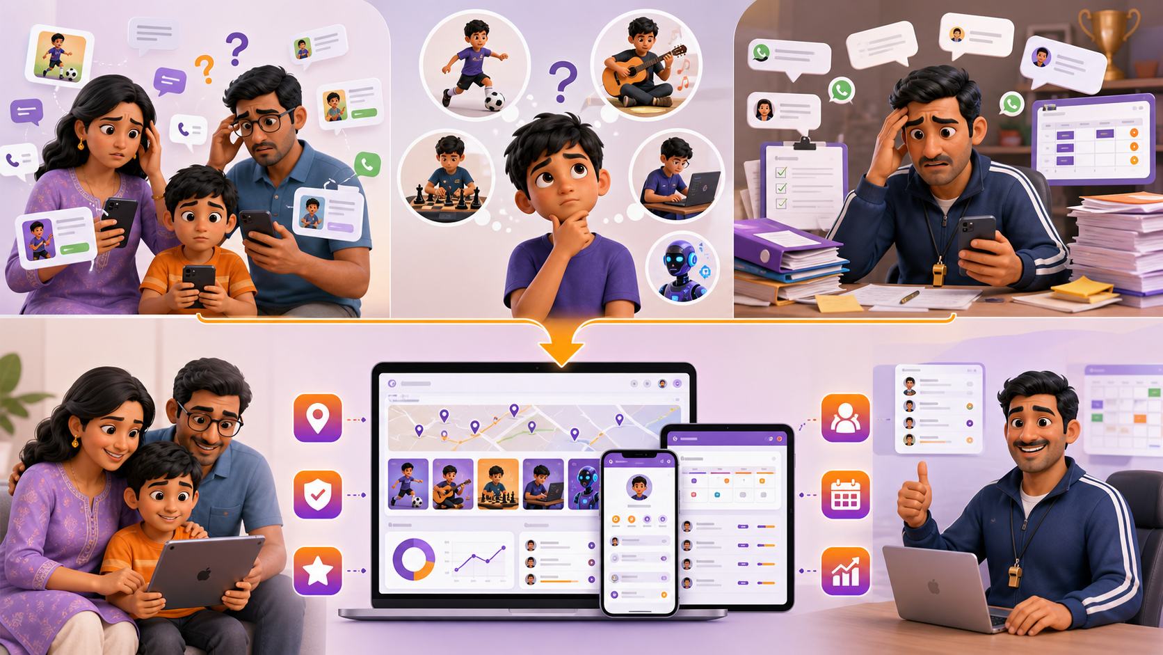Fictional Indian parents, learners and Skill Gurus moving from scattered problems to one Skill Heroz solution