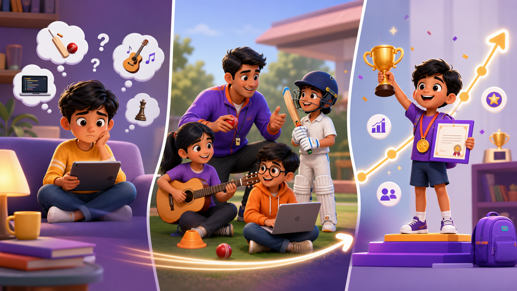 Fictional Indian kids moving from confusion to practice and achievement