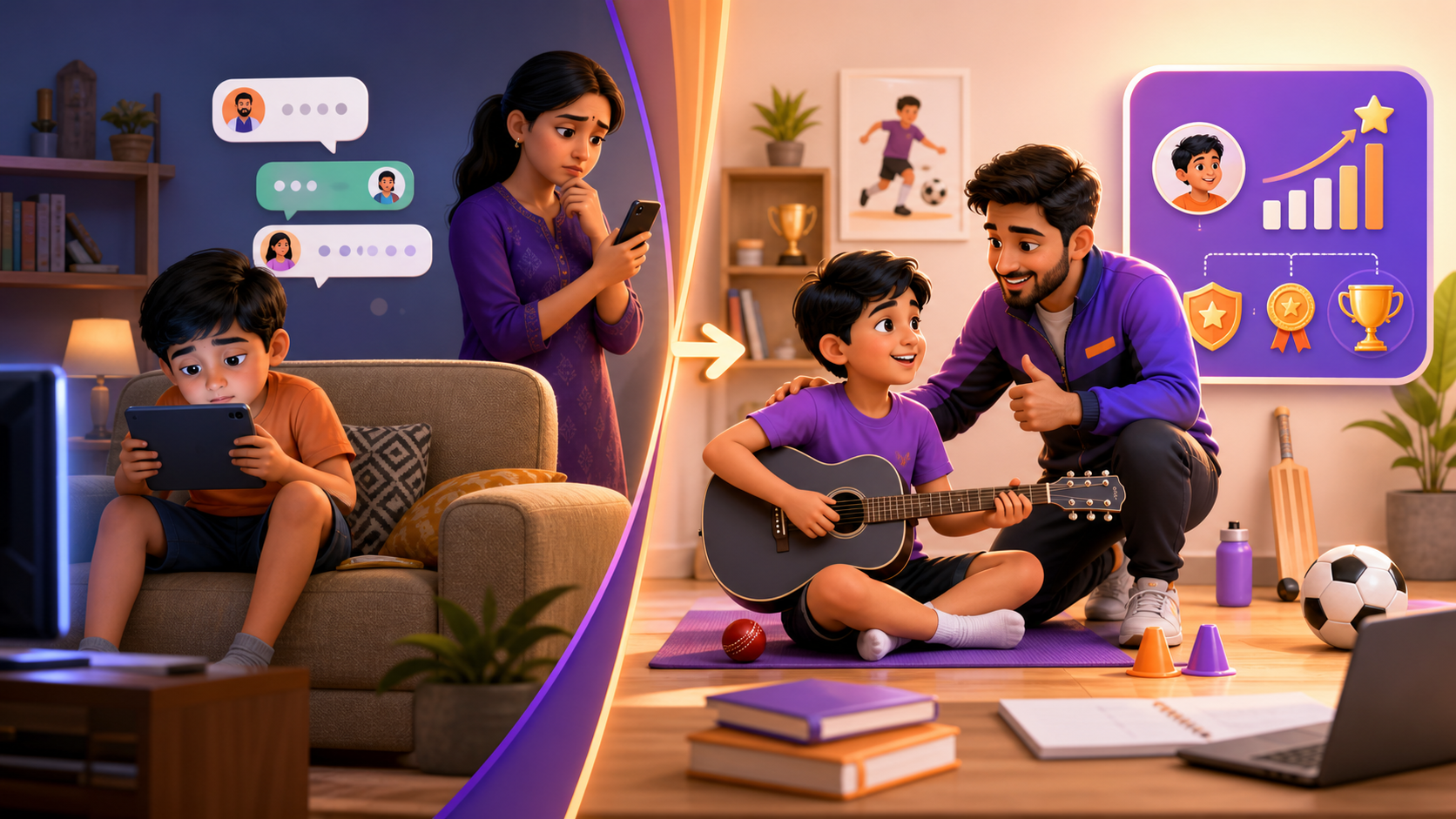 Fictional Indian child moving from passive screen time to guided skill practice