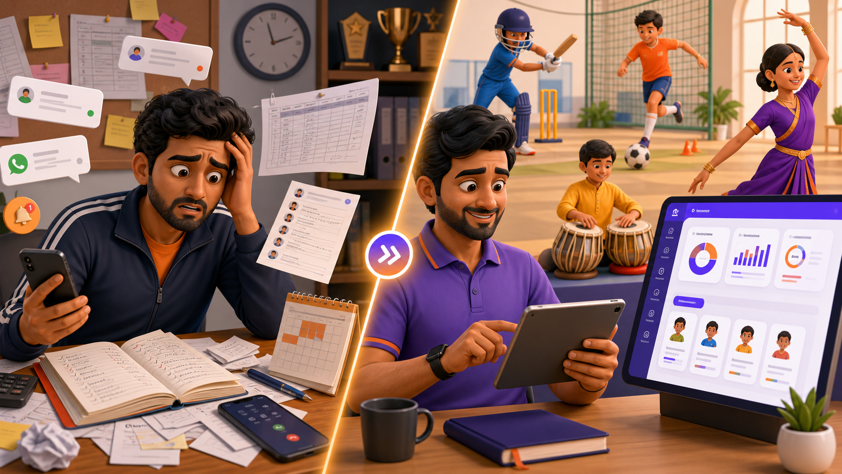 Fictional Indian Skill Guru moving from scattered admin to organized academy workflow